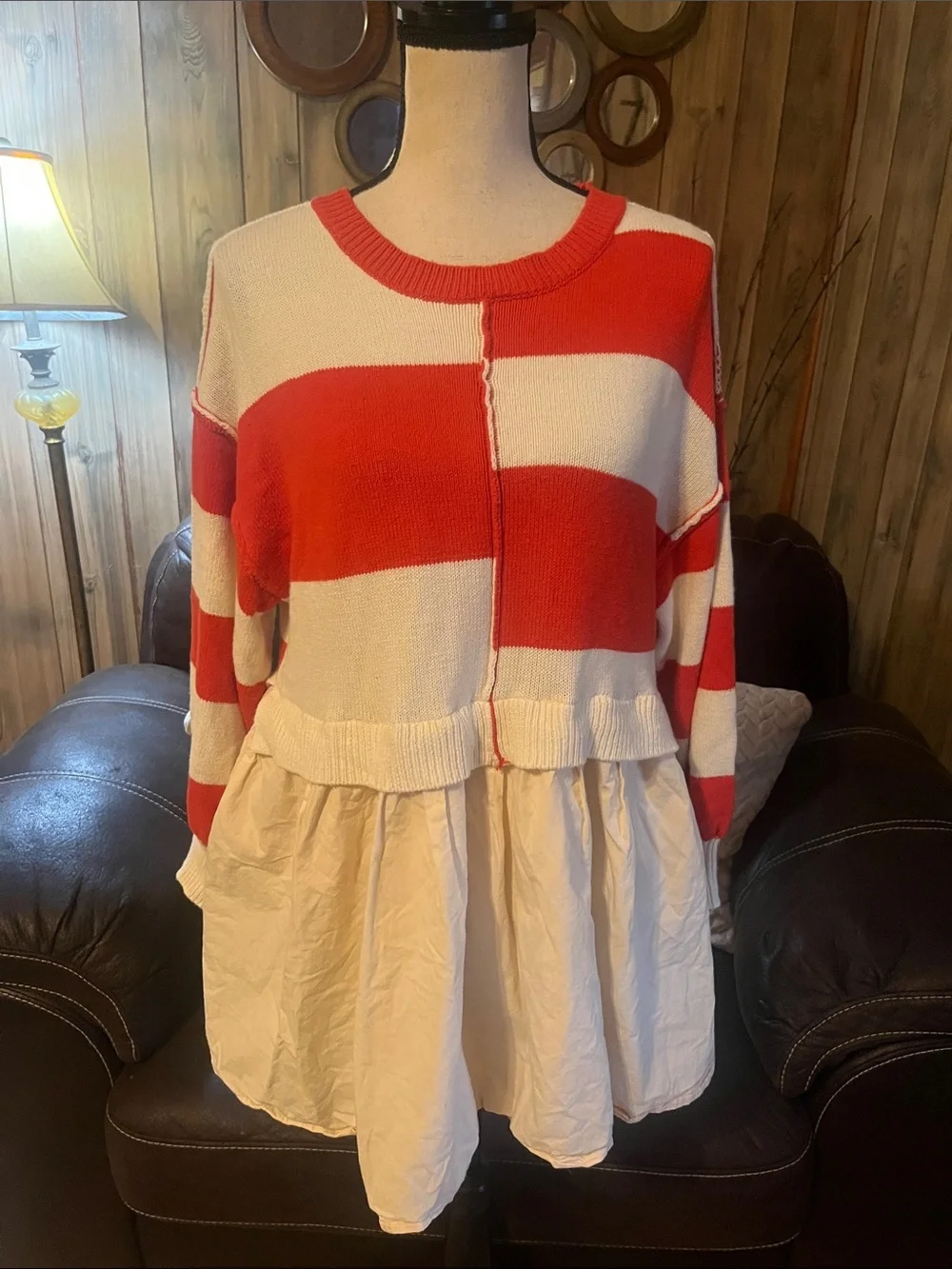 &Merci Mixed Media Stripe Sweater Dress in Red/Ivory Colorblock Knit Cotton